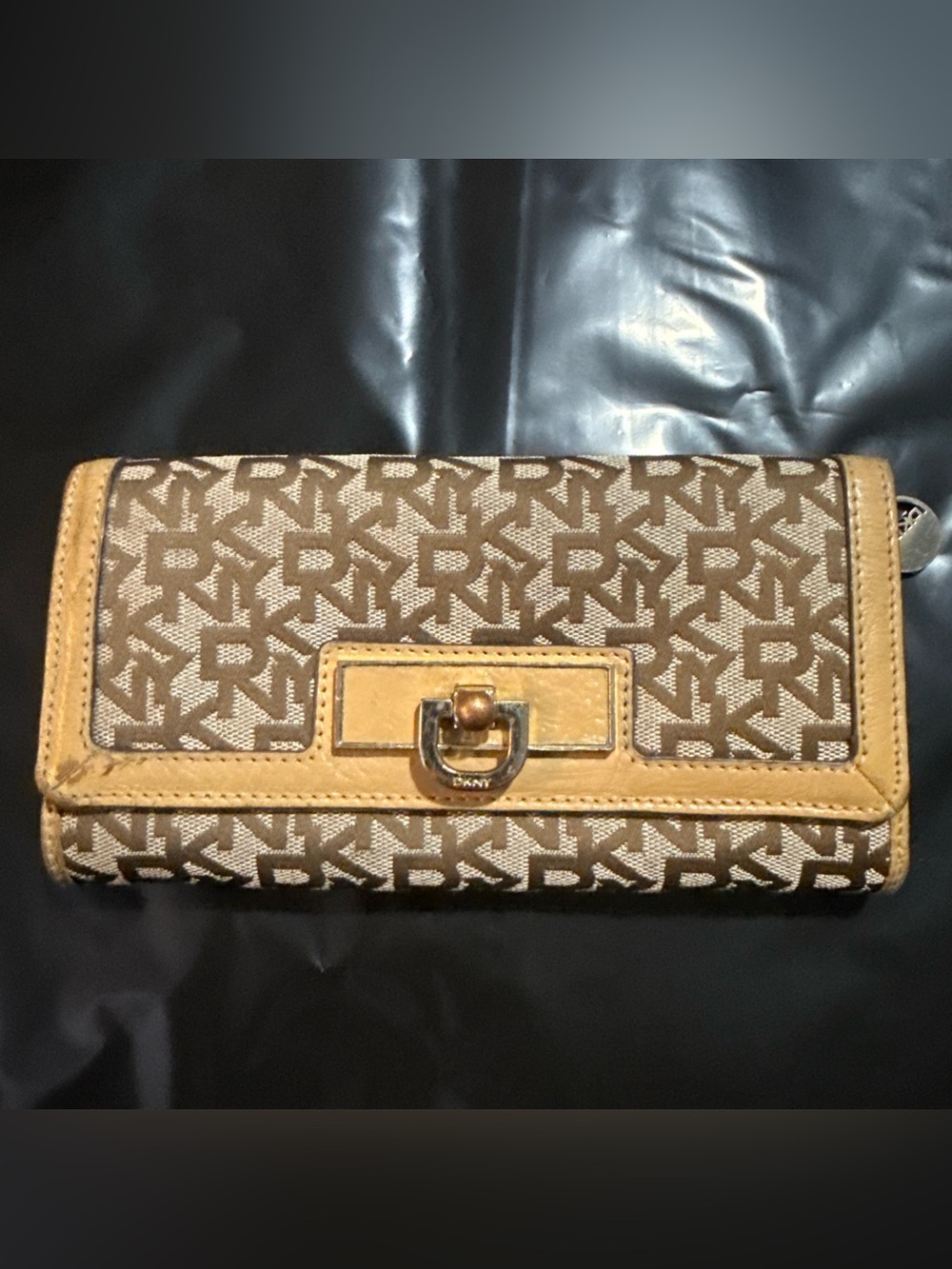 DKNY Tri-fold Beige Tan Cavas Leather Clutch Wallet Monogram Print